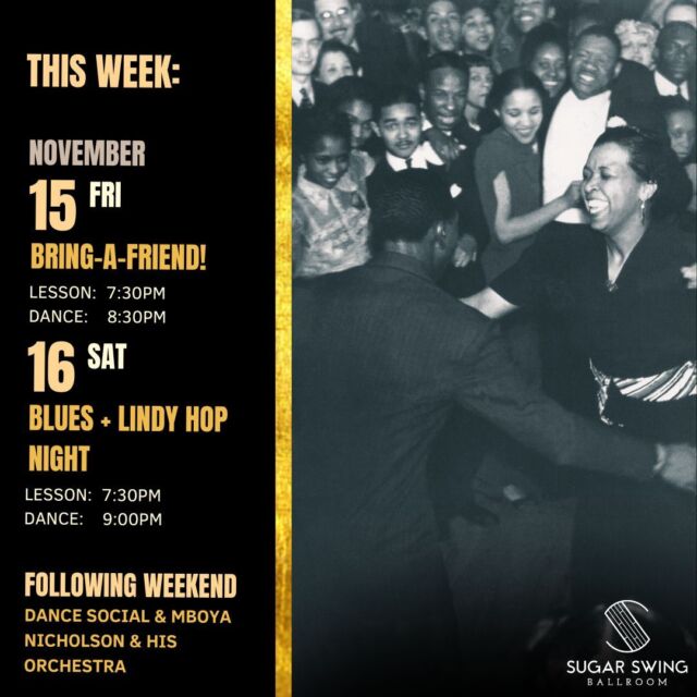 ✨ Upcoming Social Dances ✨

Friday, November 15th : Group up and save! Bring a friend (or more), and everyone in your group gets 40% off. Beginner-friendly drop-in lesson starts at 7:30pm with social dance at 8:30pm 🥳

Saturday, November 16th : Blues + Lindy Hop Night! 🎉 This Saturday, you can expect a mix of tunes and tempos. In honour of our Blues and Lindy Hop night, we will be offering two beginner friendly lessons, so that everyone can kick off the night with a few moves under their belts. Our Lindy Hop lessons will begin at 7:30pm, our Blues lesson at 8:15pm and our dance social at 9:00pm.

Be there or be square! 

#yegdance #yeglearning #yegmusic #yegartist #yeglocal #yegsmallbusiness #oldstrathcona #whyteave