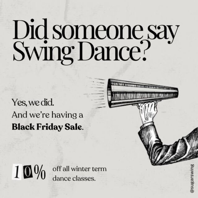 Yes, you heard that right! 📣 

We're having a Black Friday Sale! This weekend only, we're offering 10% off all classes and 5% off gift cards*! We're going to be hosting a variety of styles starting in January: Lindy Hop, Charleston, Blues, House, Flamenco and more! From beginner level to advanced, we have a class for you! 🎉 We hope to see you on the dance floor! 

🚩 Sale ends Monday, December 2nd! 🧑🏻‍💻 Check out our website to make your purchase! 

*Please note that gift cards can be used towards all classes with the exception of Flamenco.

#yegartist #yeglocal #yegsmallbusiness #oldstrathcona #whyteave