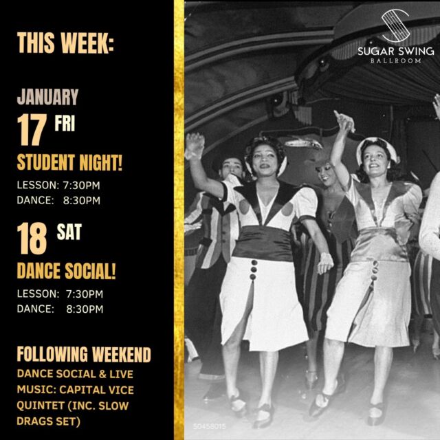 ✨ Upcoming Social Dances ✨ 

Are you already thinking of the weekend? Don't worry - we are too! Get ready to heat things up at Sugar Swing this weekend! Enjoy amazing music, tasty cocktails, and top-notch instructors for an unforgettable experience on our dance floor.

Students, flash your student ID or registration email on Friday to snag a sweet deal—just $12 for both the lesson AND the dance! 

Don’t know anything about swing dancing? Or perhaps you want to practice some moves you’ve learned? As always we have our no-partner-needed beginner lesson starting at 7:30pm on both Friday and Saturday. 

See you on the dance floor! 🤸🏻‍♀️