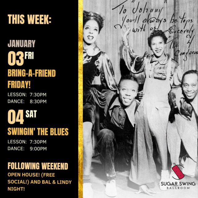 ✨Upcoming Social Dances✨

Start the weekend right and join us on Friday with a friend and both of you get 40% off your admissions! 🎉 

Saturday we're holding a special dance for you! ✨ Slow Drags, a type of Blues or slow dance, will be heavily featured this evening along with Lindy Hop. If you love Lindy Hop and Slow Drags, this is your night! We will be featuring two drop-in lessons, Lindy Hop at 7:30pm followed by Slow Drags at 8:15pm. The music played will be accommodating to both Lindy Hoppers and Trad Blues dancers, as they often use the same music! 

Both nights are beginner-friendly and no partners are required! We hope to see you there! 💃🏻

#yegdance #yeglearning #yegmusic #yegartist #yeglocal #yegsmallbusiness #oldstrathcona #whyteave