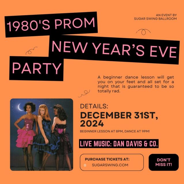 Slip into your neon, fluff up that big hair, and let’s dance the night away to a mix of epic swing tunes and iconic 80s jams.

Kick off the night with a beginner dance lesson—no experience or partner needed! Enjoy games, light snacks, signature cocktails, and a lounge area to recharge before dancing the night away. At midnight, raise your glass of bubbly for the ultimate countdown! 🥂

Dress to impress in your best 80’s prom look and join us for a night of unforgettable fun! 🎟️ Tickets are on sale now—grab yours before they’re gone!