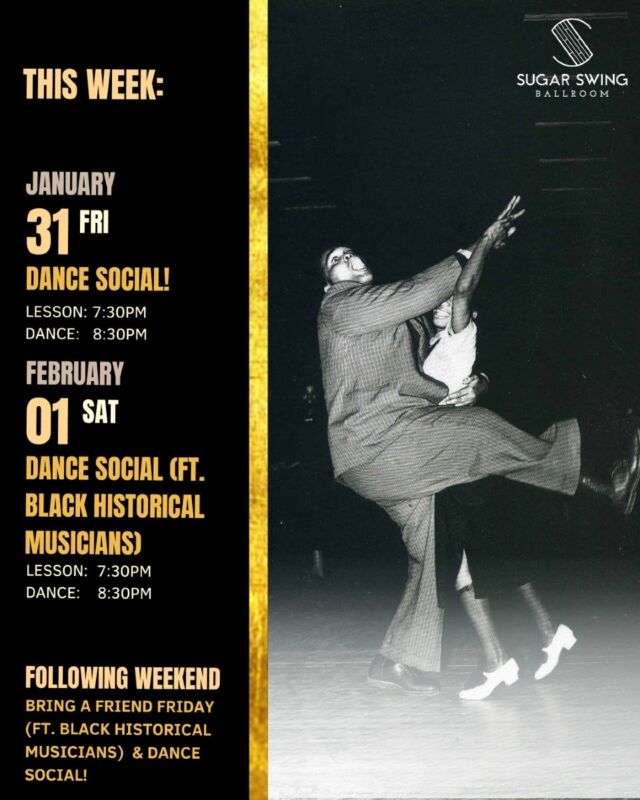 ✨ Upcoming Social Dances ✨

Did this month feel long or is that just us? 😮‍💨 Join us this Friday and Saturday as we say goodbye to January and welcome February! We'll be kicking off February by celebrating Black History Month, so we hope you're ready for some great tunes! 🎺
Our DJ'd sets will spotlight historically prominent Black musicians, honouring the incredible contributions they’ve made to swing music. We're so grateful for this art form, so please join us as we celebrate the Afro-American culture that is responsible for adding so much joy to our lives. 

No matter your experience level, our socials are open to everyone! Whether you’re flying solo or coming with friends, you’ll find a warm and welcoming space to dance, connect, and have fun. 🥂 As always, drop-in lessons are beginner-friendly!

 #yegdance #yeglearning #yegmusic #yegartist #yeglocal #yegsmallbusiness #oldstrathcona #whyteave